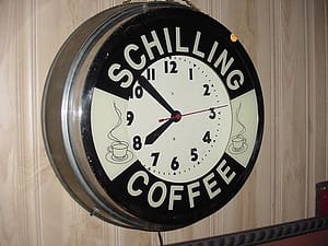 Vintage Schilling Coffee Neon Clock, Old Unique Advertising Signs , Vintage advertising signs
