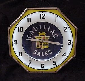 old Cadillac Sales neon clock, Vintage Advertising Neon Clocks