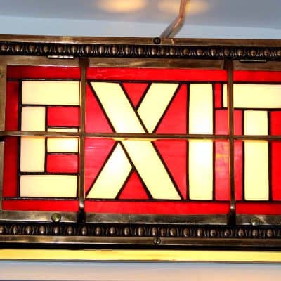 Very early cinema Exit sign that is brass & Stained glass. Very Fancy. In our vintage signs collections